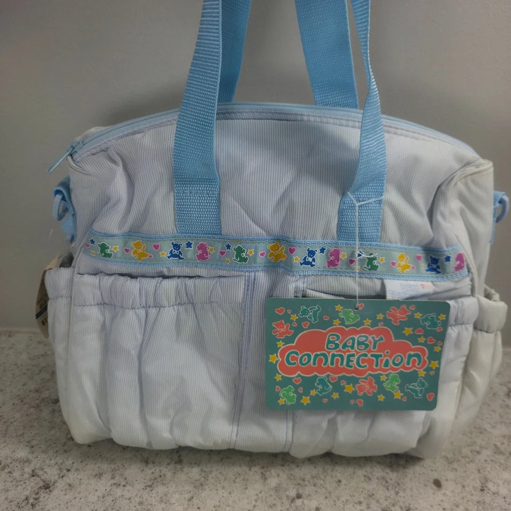 Baby Connection Vintage Diaper Bag Blue Pinstripe Teddy Bear Changing Pad NWT
